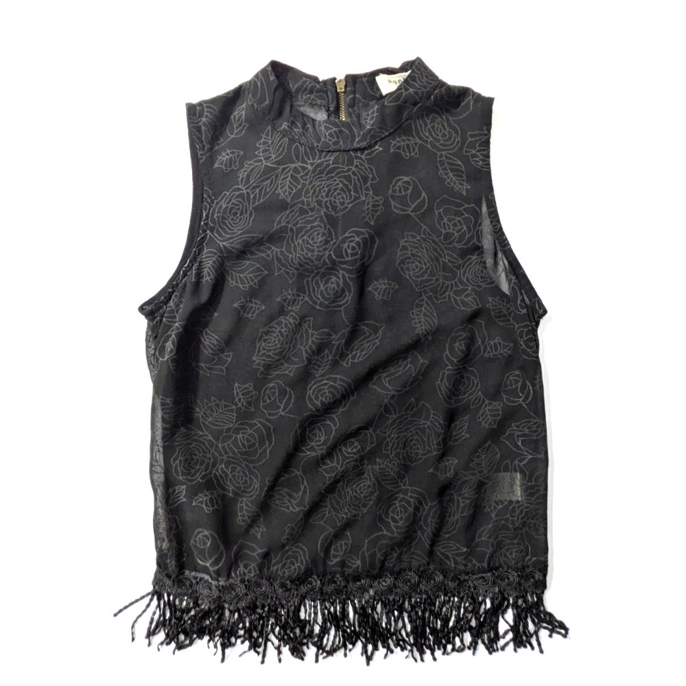 Monteau Sheer Black Rose Fringe Top with Mock Neck Boho‎ Flapper Day to Night XS